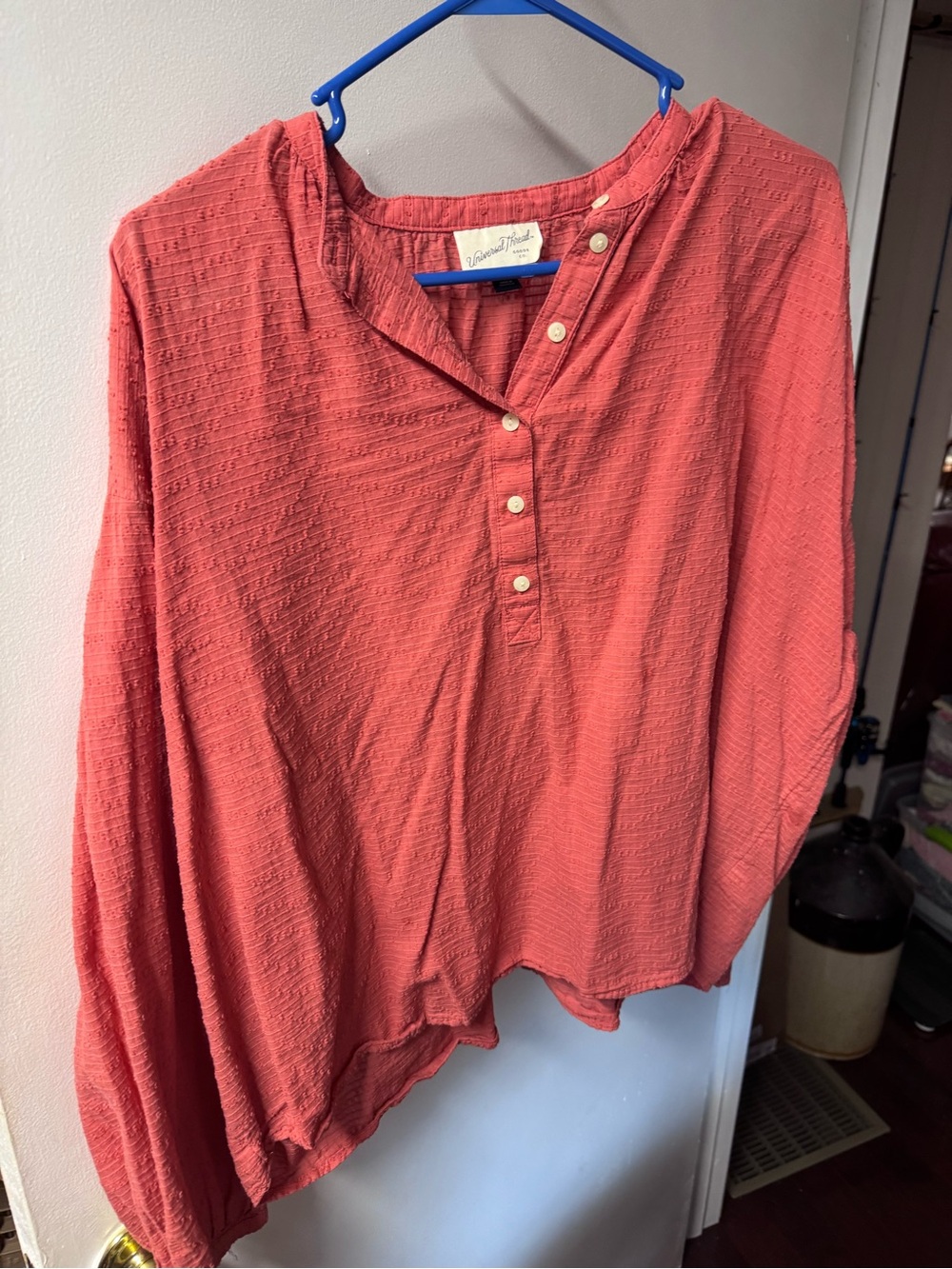 Universal Thread Coral Button-Front Textured Henley Top